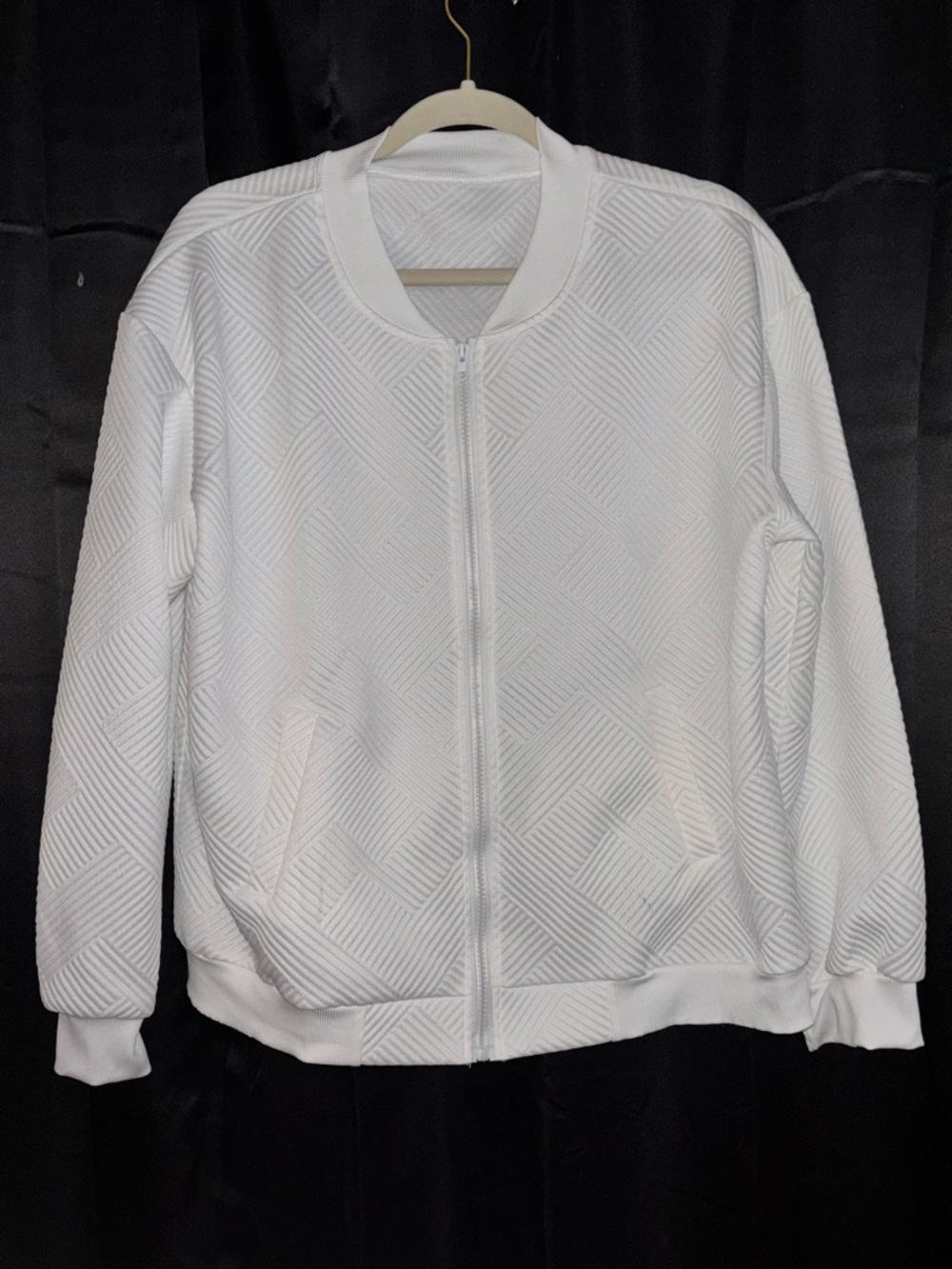 White Geometric Textured Zip Bomber Jacket